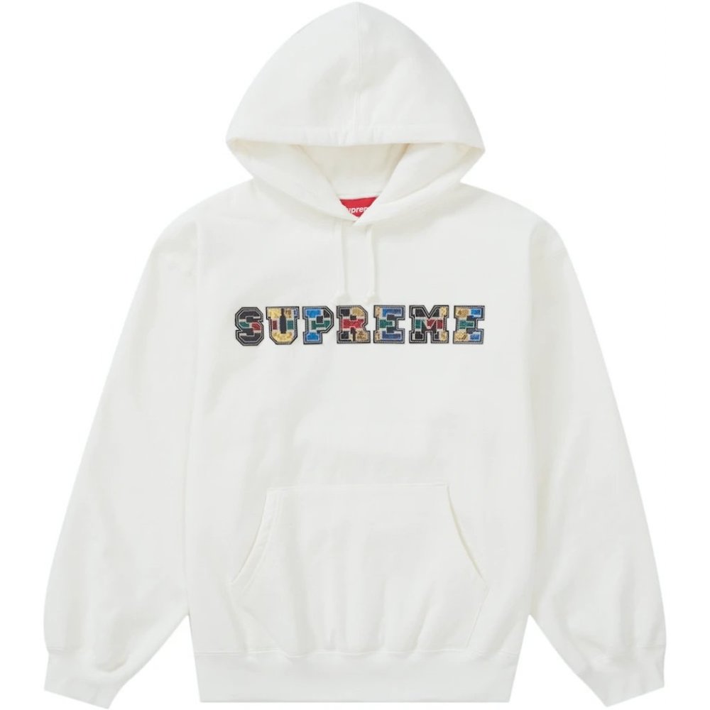 Supreme Collegiate Patchwork Leather Hooded Sweatshirt White Size M